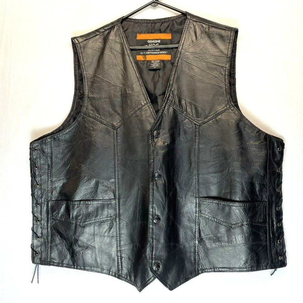 Rocky Ranch Hides Mens 3X Genuine Hog Leather Vest Black Biker Motorcycle Moto